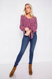 Burgundy High-low Center Tie Scoop Neck Blouse
