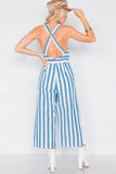 Blue Linen Stripe Button Down Wood Ring Jumpsuit