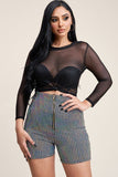3/4 Sleeve Solid Power Mesh Top And Holographic Shorts