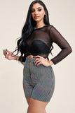 3/4 Sleeve Solid Power Mesh Top And Holographic Shorts