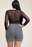 3/4 Sleeve Solid Power Mesh Top And Holographic Shorts