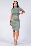 High Neck Short Sleeve Ruched Tee & High-waisted Midi Skirt Set