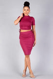 High Neck Short Sleeve Ruched Tee & High-waisted Midi Skirt Set