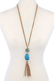 Teardrop Shape Beaded Stone Tassel Pendant Necklace
