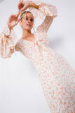 Minimalist Floral Tiered Cinched Puff Sleeve Midi Dress