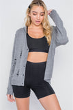 Knit Distressed Hooded Button-front Sweater