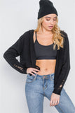 Knit Distressed Hooded Button-front Sweater