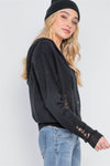 Knit Distressed Hooded Button-front Sweater