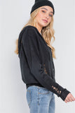 Knit Distressed Hooded Button-front Sweater