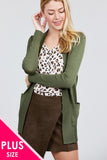 Long Sleeve Rib Banded Open Sweater Cardigan W/pockets