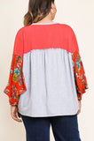 Floral Print Puff Sleeve Round Neck Heathered Top