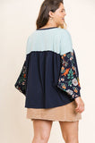 Floral Print Puff Sleeve Round Neck Heathered Top