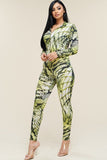 Multi Color Print Long Sleeve Zipper Front Jumpsuit