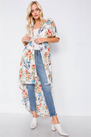 Ivory Rose & Blue Floral Print High-low Kimono Cover-up