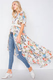Ivory Rose & Blue Floral Print High-low Kimono Cover-up