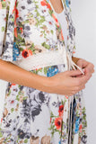 Ivory Rose & Blue Floral Print High-low Kimono Cover-up