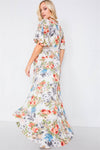 Ivory Rose & Blue Floral Print High-low Kimono Cover-up