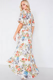 Ivory Rose & Blue Floral Print High-low Kimono Cover-up
