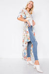 Ivory Rose & Blue Floral Print High-low Kimono Cover-up