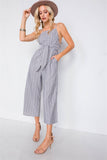 Stripe Front Tie Waist Band Open Back Jumpsuit