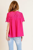Sheer Floral Short Sleeve Lace Yoke Keyhole Top