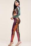 Ombre Foil Venecia Long Sleeve Mock Neck Cropped Top And Leggings Two Piece Set