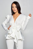 Long Sleeve Deep V Neckline Top With Waist Tie To Make A Bow Detail Paired With Elastic Waist Pants