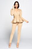 Long Sleeve Deep V Neckline Top With Waist Tie To Make A Bow Detail Paired With Elastic Waist Pants