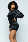 Stretch Satin Long Puff Sleeve Mini Dress