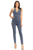 Fitted Denim Jumpsuit With Halter Neck, Low Back, And Zipper Detail