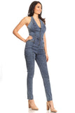 Fitted Denim Jumpsuit With Halter Neck, Low Back, And Zipper Detail